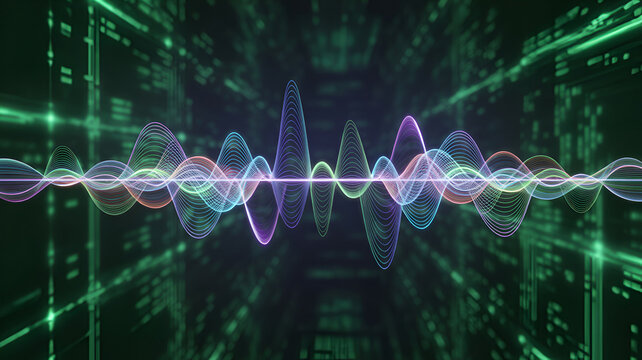 Abstract representation of sound wave with digital green matrix background
