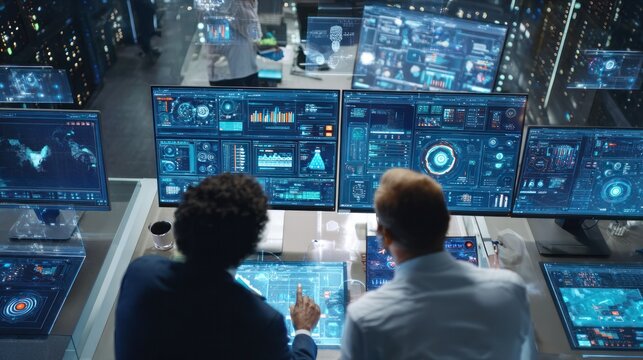 Tech Collaboration: Two professionals collaborate in a high-tech control room, surrounded by interactive displays, as they analyze data, innovate, and strategize for progress. 
