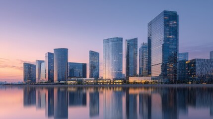Fototapeta premium Cityscape Dawn Reflection Modern skyline at sunrise, tranquil waters reflecting urban scene, ideal for business or travel
