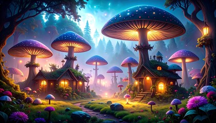 Enchanting Mushroom Village at Night Under a Magical Sky.