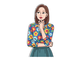 Thinking Woman with Floral Shirt: A contemplative woman, her eyes gazing upwards, is deep in thought, her chin resting gently on her hand, showcasing a blend of focus and introspection.