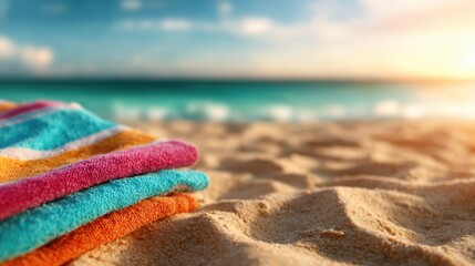 Brightly colored beach towels stacked neatly on the sandy shore, creating a vibrant foreground against a stunning sunset view, embodying summer relaxation and seaside fun.