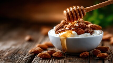 A tempting bowl of yogurt topped with golden honey and crunchy almonds, inviting you to indulge in a healthy and delicious treat, perfect for a nourishing snack or breakfast choice.