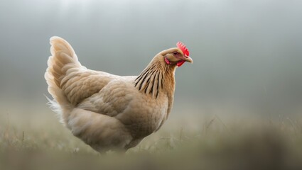 Naklejka premium A hen standing on grass with a blurred background.