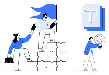 Two colleagues solving puzzles, one raising a flag, another holding a lightbulb. Ideal for teamwork, leadership, problem-solving, growth, innovation, strategy simple landing page