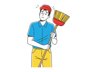 Cleaning Day's Dilemma: A person stares pensively, clutching a broom, amidst a clean surface background, representing a day filled with cleaning chores.