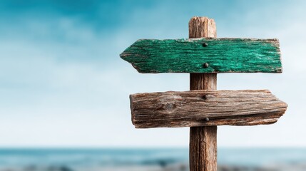 A beautifully weathered wooden signpost stands atop a sandy beach, with one green arrow pointing to adventure and another guiding to relaxation by the ocean.
