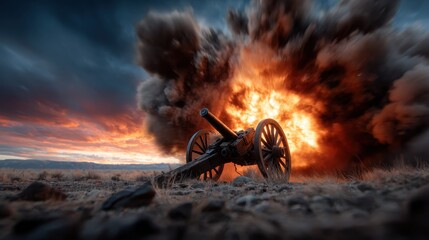 A dramatic scene of a cannon firing amidst a powerful explosion, capturing the intensity of action and historical significance in a visually stunning landscape.