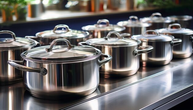 pots and pans on stainless steel table row of shiny pots and pans on stainless steel table embodying order readiness and the promise of culinary creation