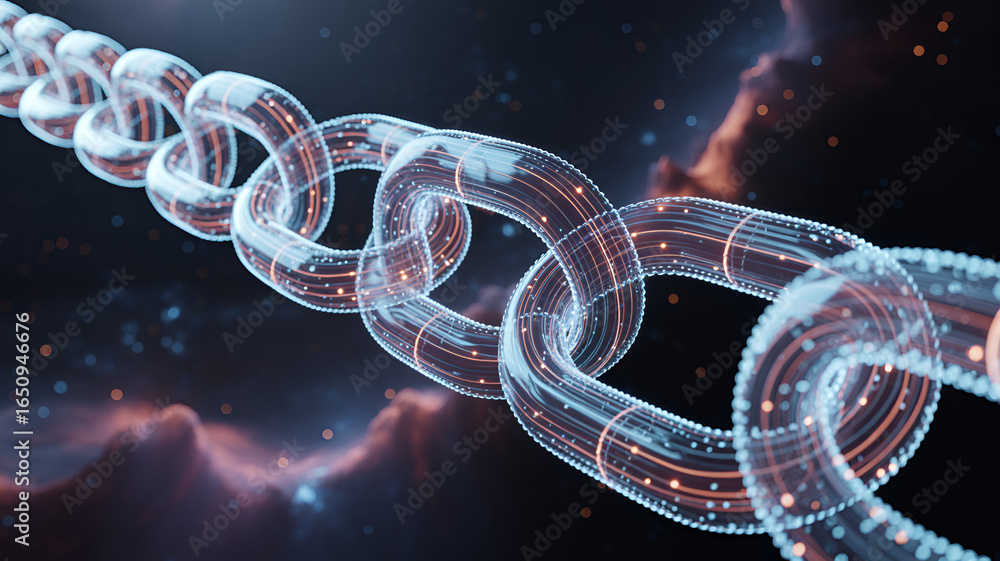 Poster close up of a digital blockchain connection with glowing nodes in a network