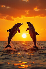 Fototapeta premium Dolphins leaping from the blue sea into the sunset, splashing and swimming in the summer sun