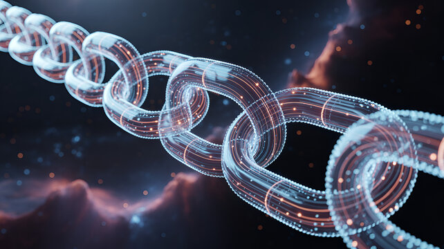 Close up of a digital blockchain connection with glowing nodes in a network