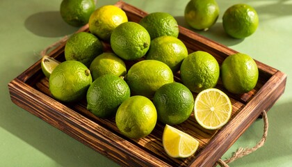 Fresh limes in wooden tray
