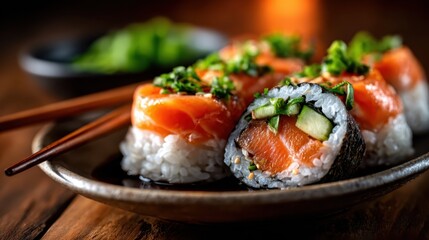A close-up of fresh salmon sushi rolls garnished with green onions, presenting an appetizing array of flavors, perfect for sushi lovers and culinary enthusiasts alike.