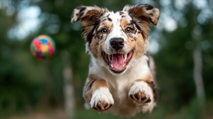 An adorable dog joyfully leaping in mid-air to catch a vibrant ball, capturing the boundless energy and playful spirit of pets in a natural outdoor setting.