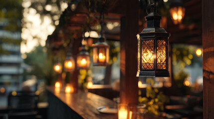 A row of illuminated lanterns hanging outdoors creating a warm and inviting ambiance