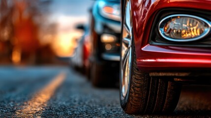 A captivating view of a line of parked cars along a picturesque road, highlighting automotive design and the allure of adventure on open roads at sunset.