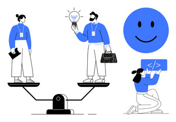 People balancing on scales symbolizing equality, man holding lightbulb idea, woman coding, abstract happy face. Ideal for teamwork, innovation, collaboration, balance, equality creativity simple