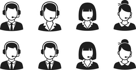 Customer service icons, headset representatives, male female avatars, suit tie, blazer, bun hairstyle, black white graphic, support illustration