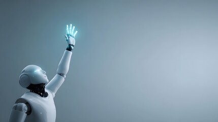 Futuristic humanoid robot waving with glowing blue fingertips