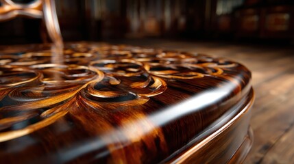 A close-up of exquisite woodwork featuring an intricate carving on classic furniture, showcasing craftsmanship and the beauty of detailed artistry in furniture design.