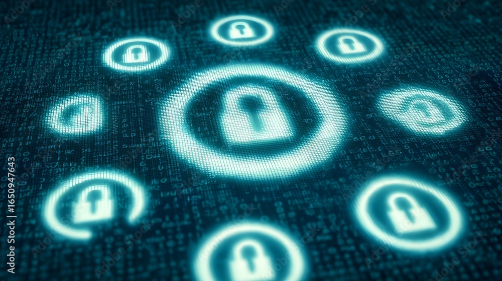 Poster cybersecurity digital interface with spinning lock icons