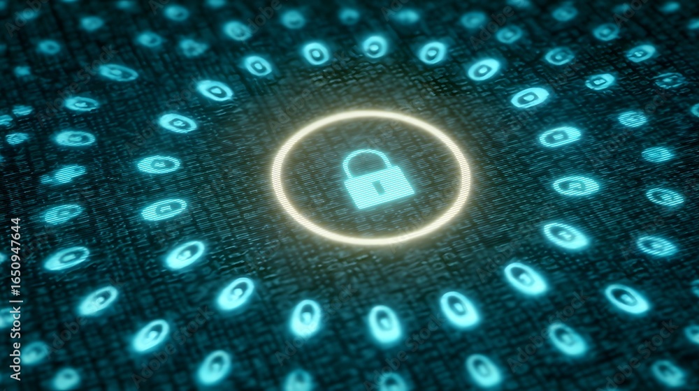 Poster digital interface with glowing padlock icon and spinning elements