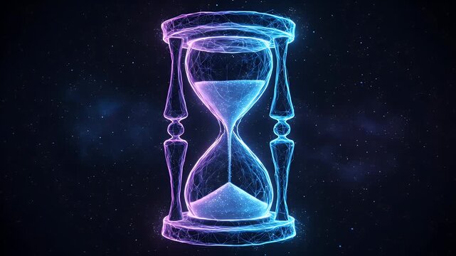 Abstract Hourglass Clock Made of Particles Against a Starry Blue and Purple Background With a Cosmic Nebula Design