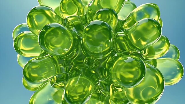 Abstract Green Spheres Cluster on Gradient Blue Background Digital Render of Transparent Bubbles Creating Organic and Molecular Shape