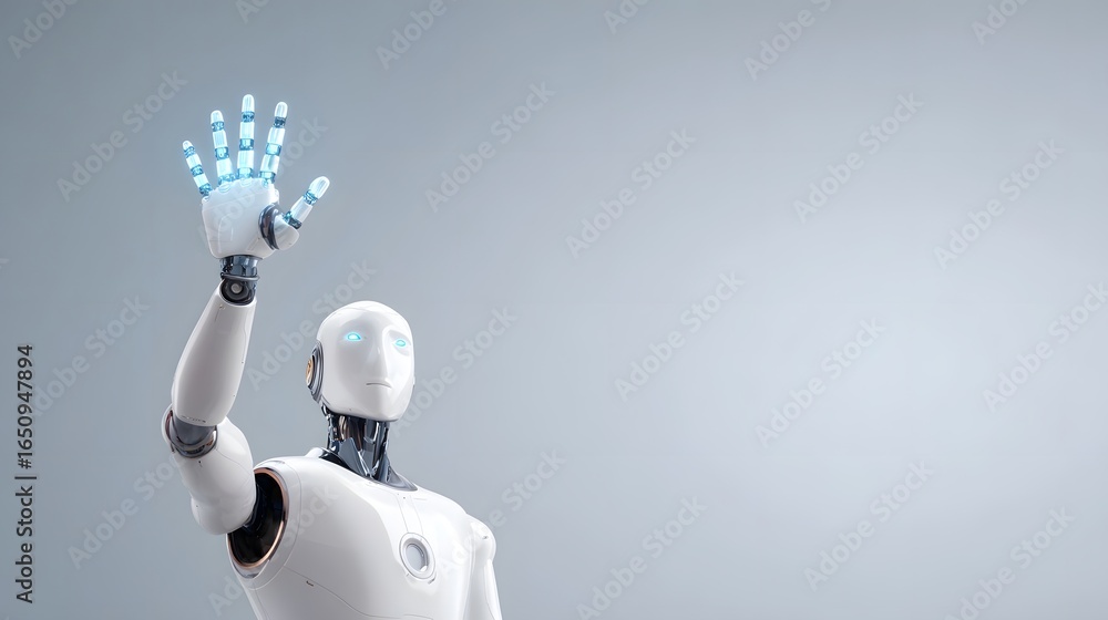 Poster friendly robotic hand waves with glowing fingertips in futuristic studio setting
