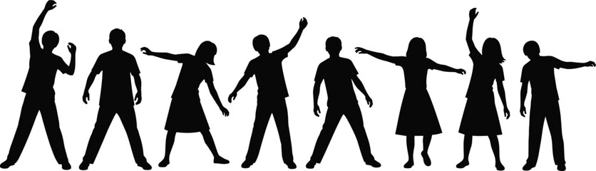 Exercise and dance silhouettes, group movement, male female poses, coordinated routine, black white graphic, fitness illustration, body motion