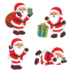 set of santa claus with gift bag, gift boxes in different poses isolate on white background