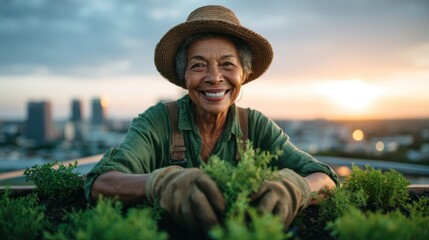 An elderly woman joyfully cultivates her garden on a rooftop, capturing the essence of connection with nature and the beauty of urban gardening at sunset.