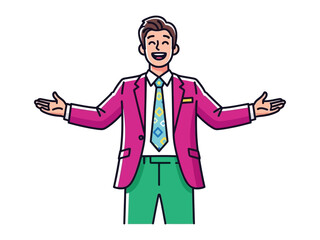 Friendly Welcome: A stylishly dressed individual extends a warm invitation, arms wide, and a smile to greet with open arms in a welcoming environment.