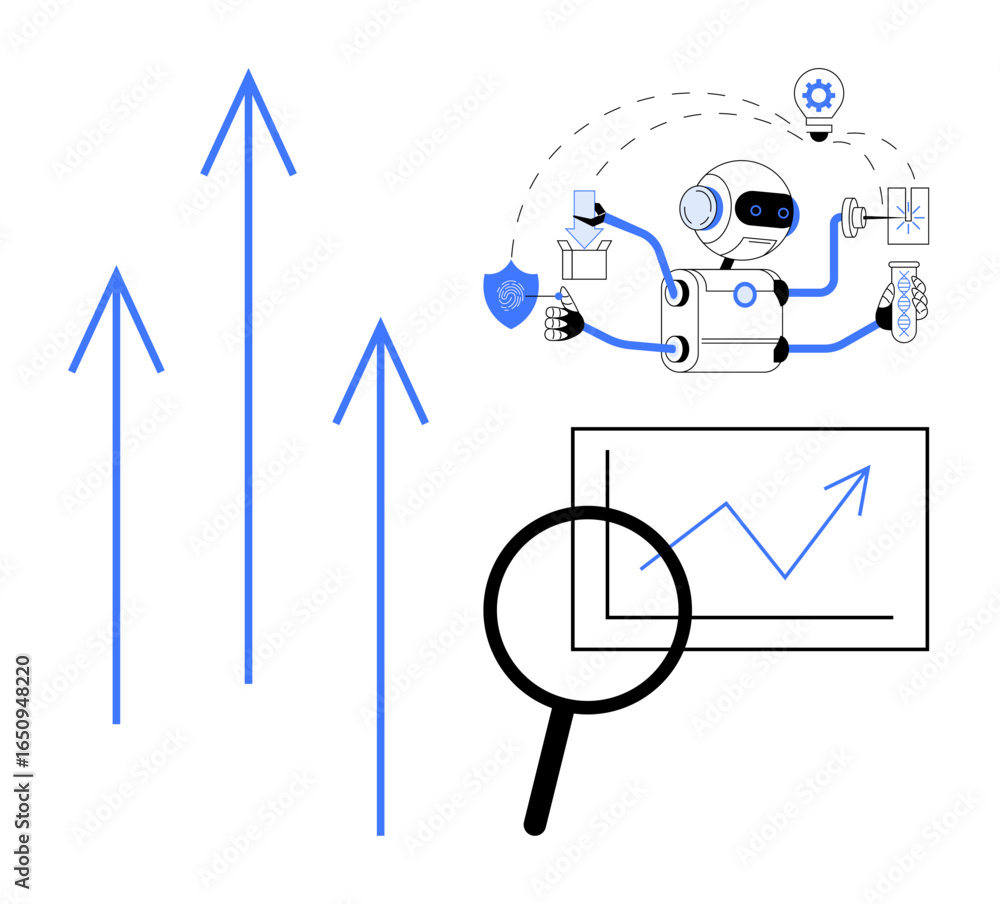 Poster robot managing tasks surrounded by data growth arrows, shield, and analytics. ideal for ai research,