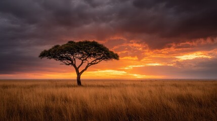 Lone acacia tree at sunset in African savanna, dramatic sky; travel poster