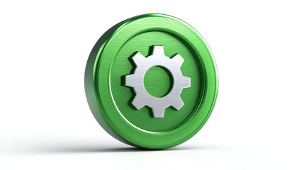 Metallic Sign, A minimalist 3D round sign made of brushed green metal with a simple, white gear icon in the center. Isolated on a clean white background.