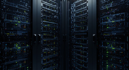 Rows of servers in a data center, showcasing modern technology and data processing capabilities.