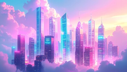 Futuristic Cityscape with Pastel Neon Skyscrapers.