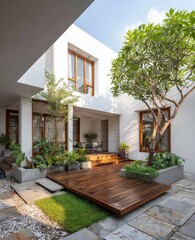 Fototapeta premium Modern courtyard with wooden deck and greenery