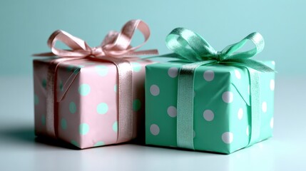 Obraz premium A delightful scene showcasing two wrapped gift boxes, one pink and one teal, tied with elegant ribbons, perfect for celebrations and special occasions.