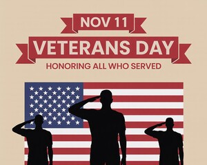 Photo of veterans day illustration with silhouettes of soldiers saluting the american flag, honoring all who served on november 11th