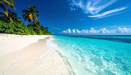 Fototapeta premium Tropical Beach Paradise with Palm Trees and Turquoise Water.