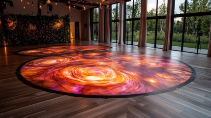 A celestial dance floor decorated with swirling galaxy projections and stardust effects