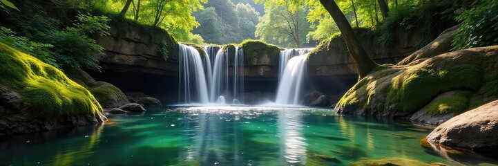 Fototapeta premium Serene pond waterfall cascading over mossy rocks, creating a tranquil oasis in nature Sunlight filters through the trees, illuminating the glistening water , oasis, wilderness, landscape