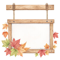 Wooden sign with maple leaf decorations in watercolor style on a white background
