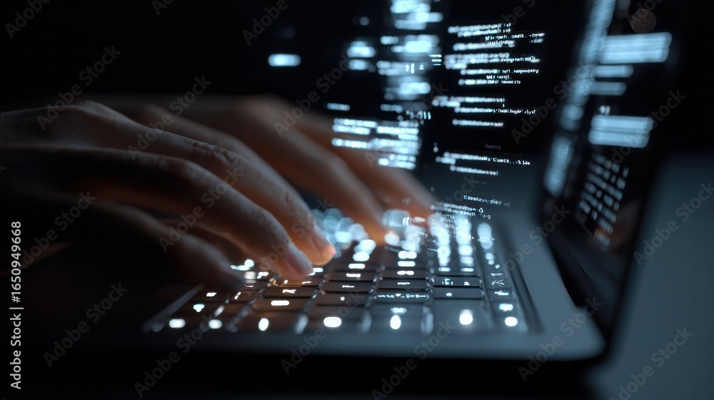 Poster coding in the dark: a close-up shot of a person's hands typing on a laptop keyboard in the dark, ill