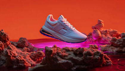A pair of isolated red sneakers on the sandy beach