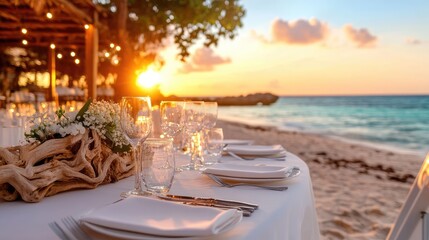 A chic beachside reception decorated with white linen table settings and driftwood accents