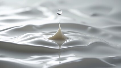 Milk drop splash in liquid surface with ripples and waves. Close-up of droplet impact on fluid. Nature and science concept. Liquid dynamics and surface tension.